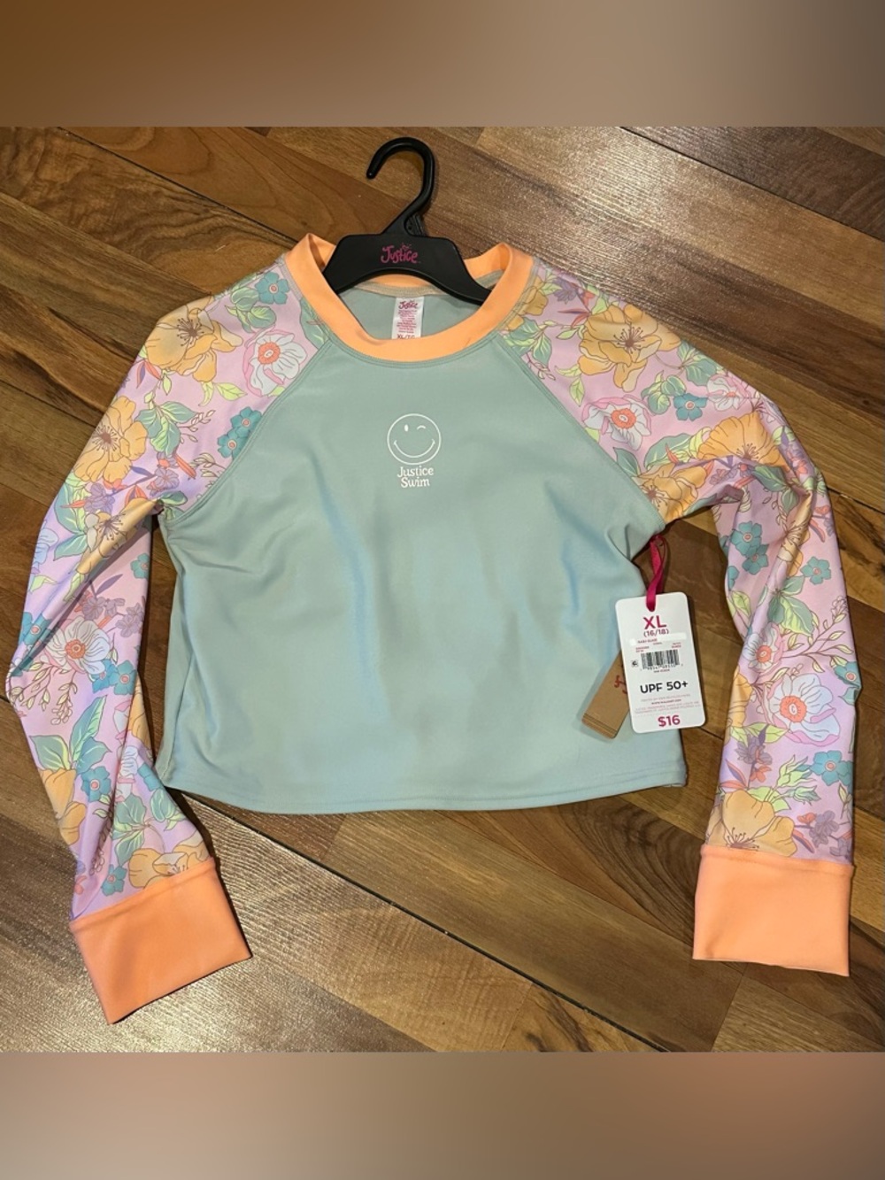 Justice Mint Green Rash Guard with Pastel Floral Sleeves and Peach Trim, UPF 50+